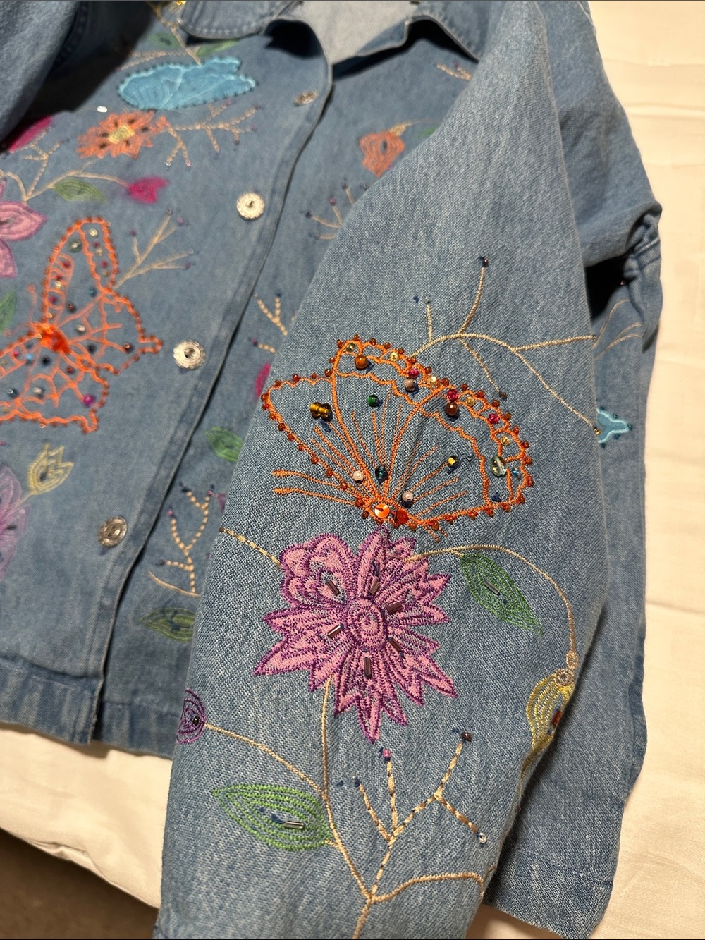 Tantrums Light Blue Denim Jacket. Multicolor Floral & Butterfly Embroidery - Picture 6 of 14
